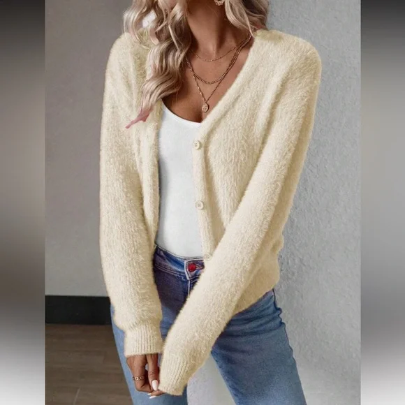 Women's Fuzzy Watermelon Pink Cardigan Sweater